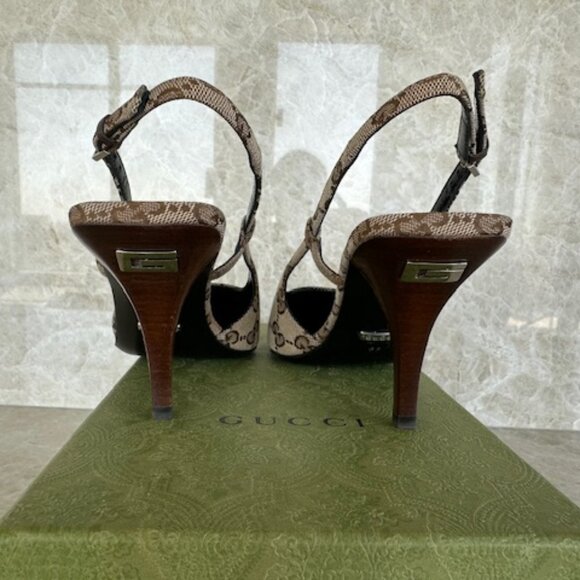 Gucci Aria 76 Monogram Slingback Mules Beige Ebony Sz38 - Picture 4 of 9